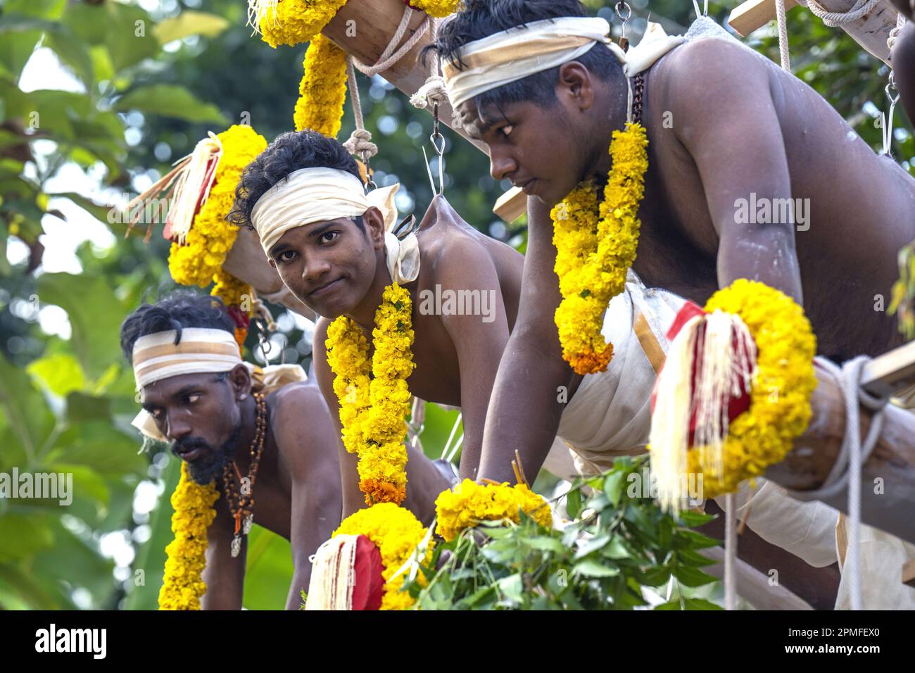 India, Kerala, Paravur, Thaipusam hindu festival, participants having been pierced in trance Stock Photo