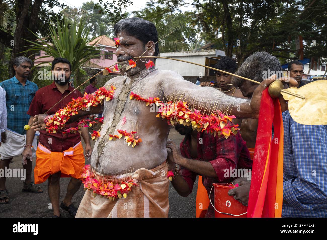 India, Kerala, Paravur, Thaipusam hindu festival, participants having been pierced in trance Stock Photo