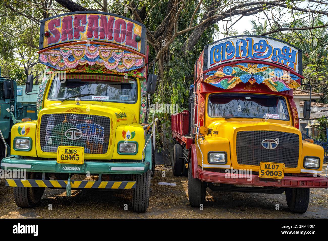 India, Kerala, Kochi, painted trucks Stock Photo