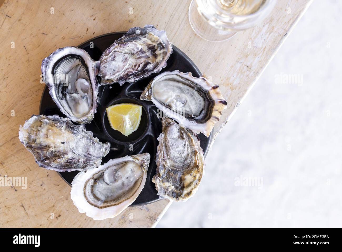 France, Cotes d'Armor, Paimpol, oyster tasting at Chez Arin oyster bar Stock Photo