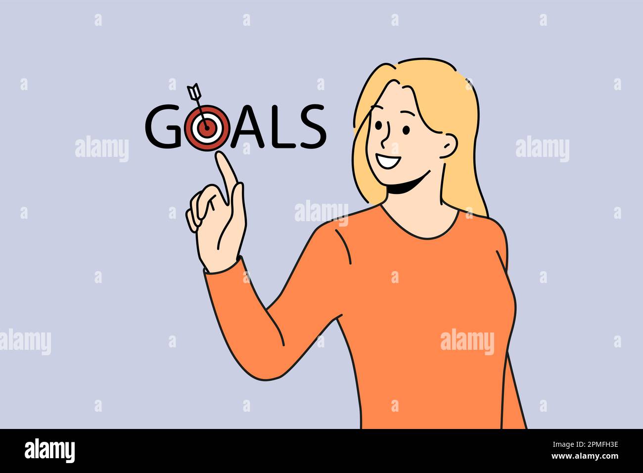 Woman touching target reach personal goals feel successful. Smiling