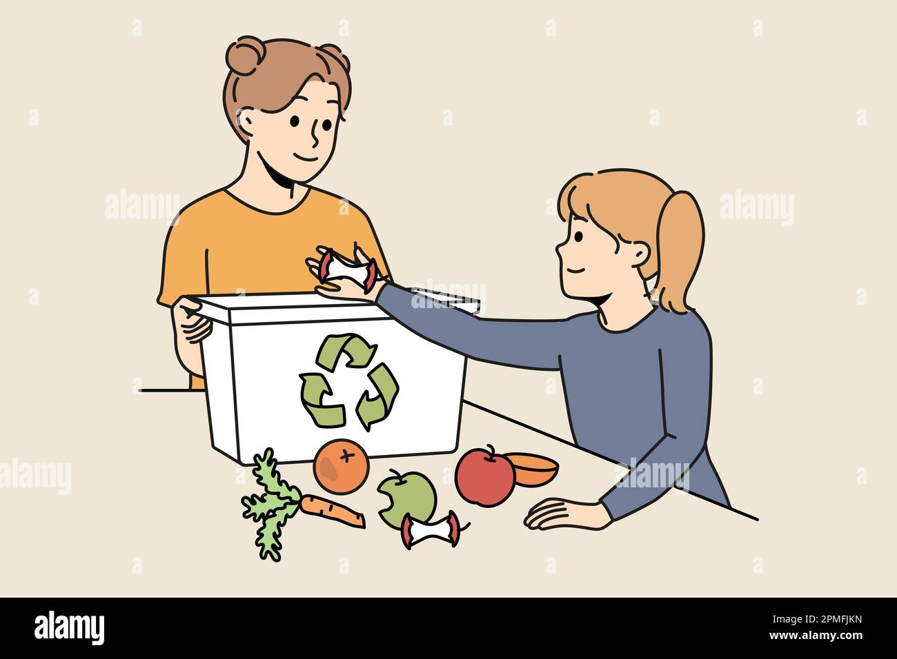 Happy girls children throw food waste in biodegradable container
