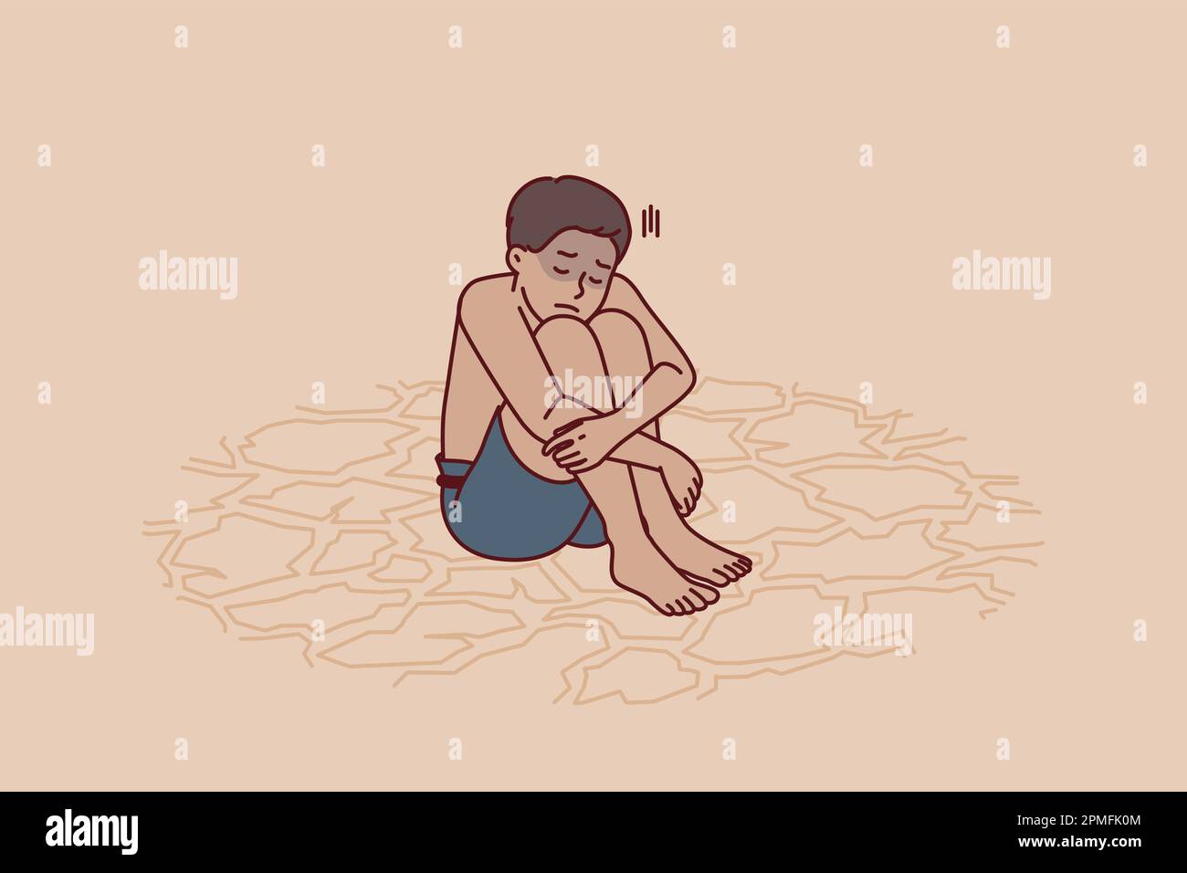 Sad boy feeling thirsty sits on dry ground after global climate change and pollution of ecological environment. Child suffers from lack of drinking water or drought that has destroyed rivers and lakes Stock Vector