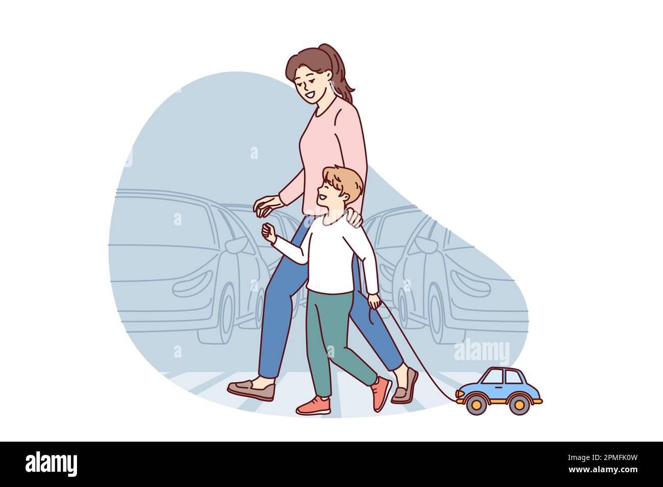 Happy mom and child going along pedestrian crossing across road walking through summer city. Little boy with toy car walks with nanny teaching how to cross intersection road correctly  Stock Vector