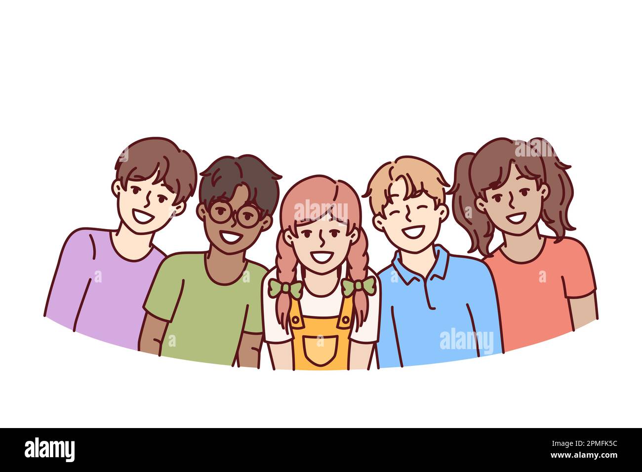 Happy diverse children students in junior school smiling rejoicing at opportunity to communicate with friends. Children teenagers of different races and nationalities laugh enjoying communication Stock Vector