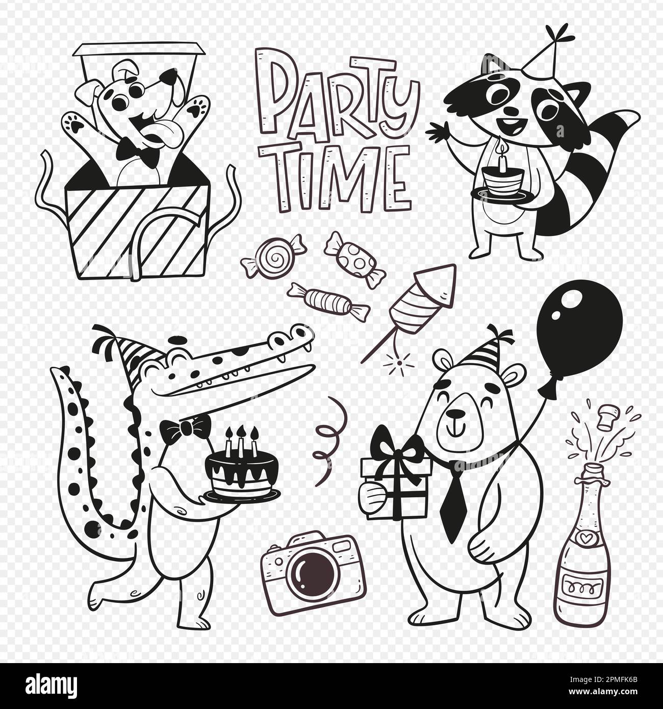 Birthday animals and party elements. Four cute animals with gifts. A