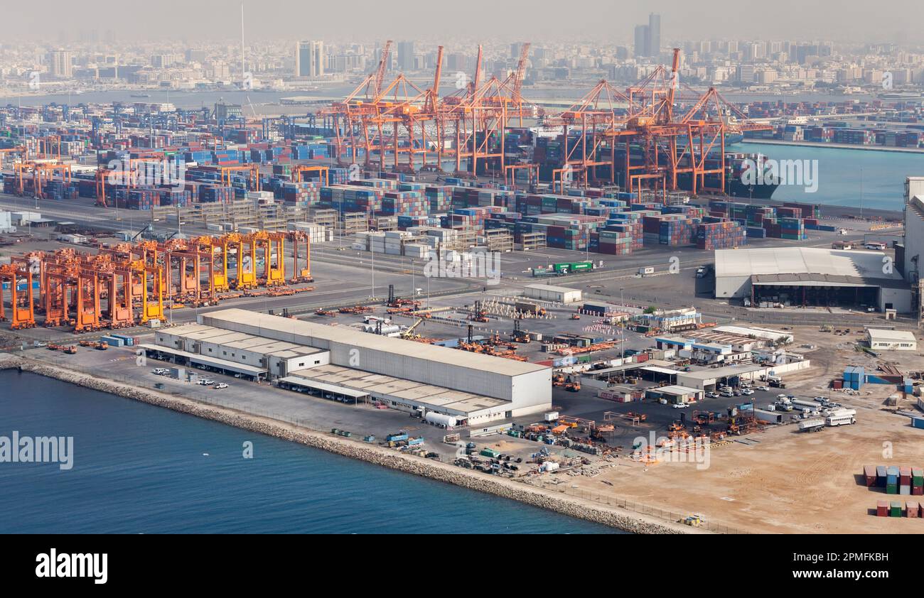 Jeddah, Saudi Arabia - December 22, 2019: Jeddah Islamic Seaport aerial view on a sunny day, cargo terminal Stock Photo