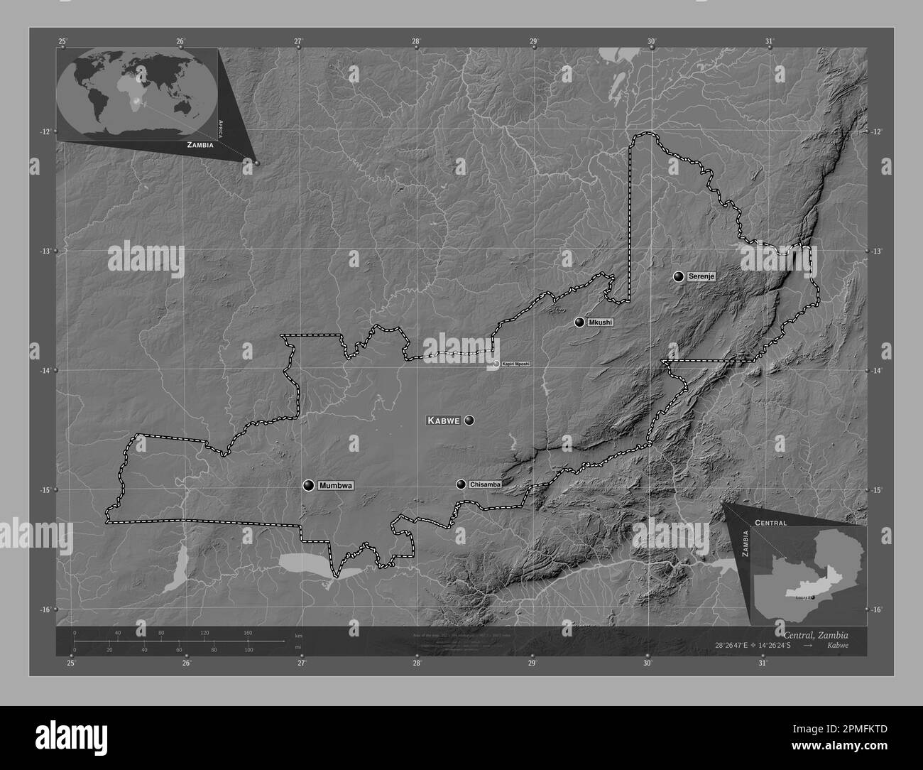 Central, region of Zambia. Bilevel elevation map with lakes and rivers