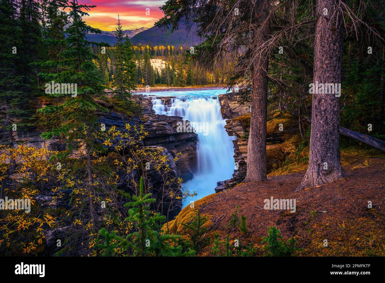 Sunset above Athabasca Falls in Jasper National Park, Canada Stock Photo