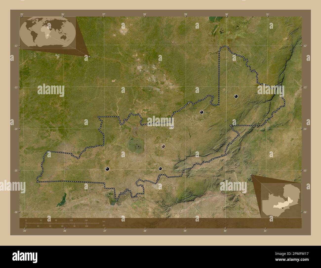 Central, region of Zambia. Low resolution satellite map. Locations of ...