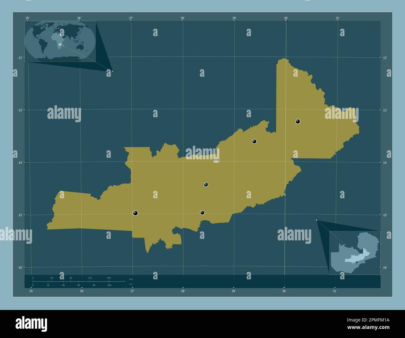 Central, region of Zambia. Solid color shape. Locations of major cities