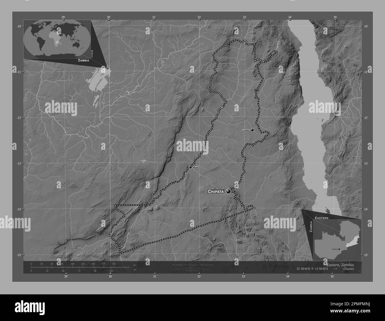 Eastern, region of Zambia. Bilevel elevation map with lakes and rivers