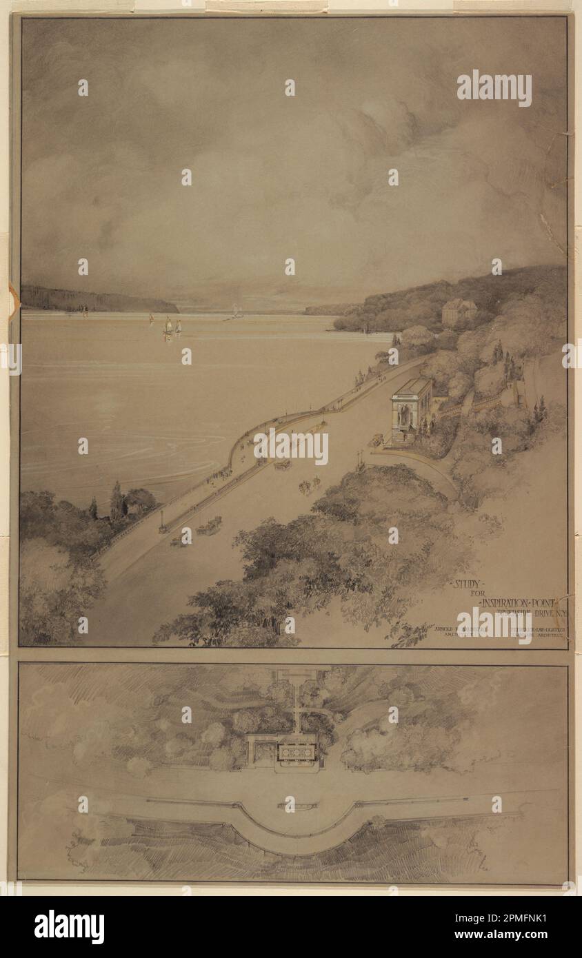 Drawing, Study for Inspiration Point, Riverside Drive, New York City; Landscape Architect: Frederick Law Olmsted Jr. (American, 1870–1957); Architect: Arnold William Brunner (American, 1857–1925); USA; graphite, pen and black ink, brush and yellow watercolor, white heightening on gray cardboard; 87.7 x 56.8 cm (34 1/2 x 22 3/8 in.) Stock Photo