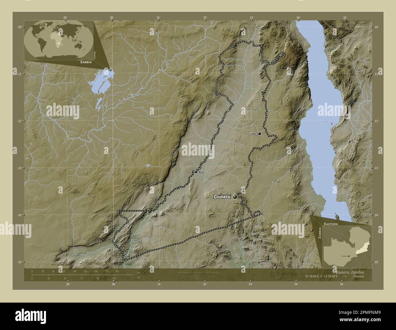 Eastern, region of Zambia. Elevation map colored in wiki style with