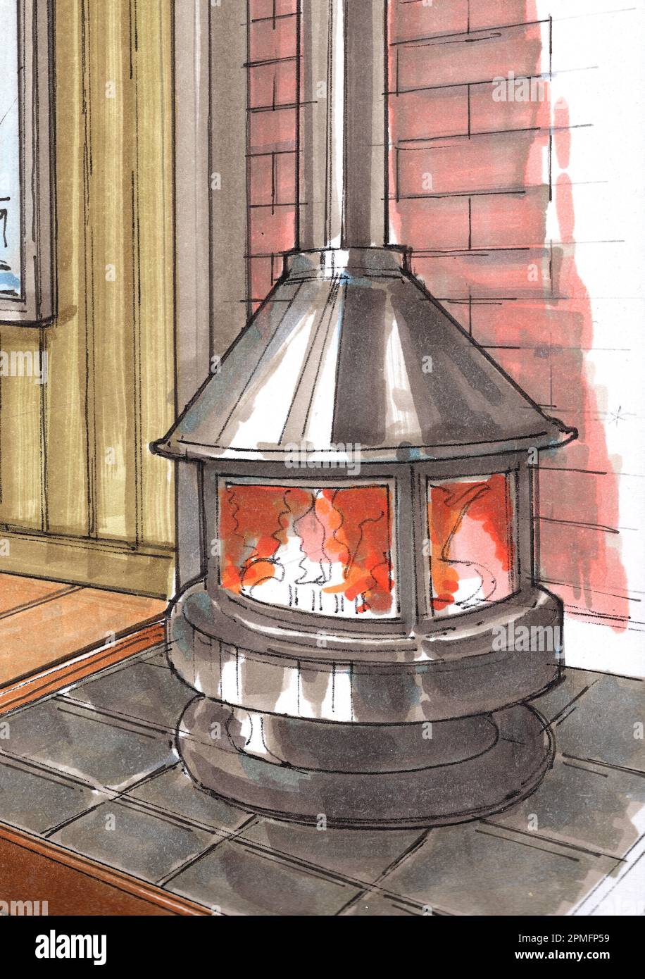 Colour detail sketch of a log burner Stock Photo Alamy