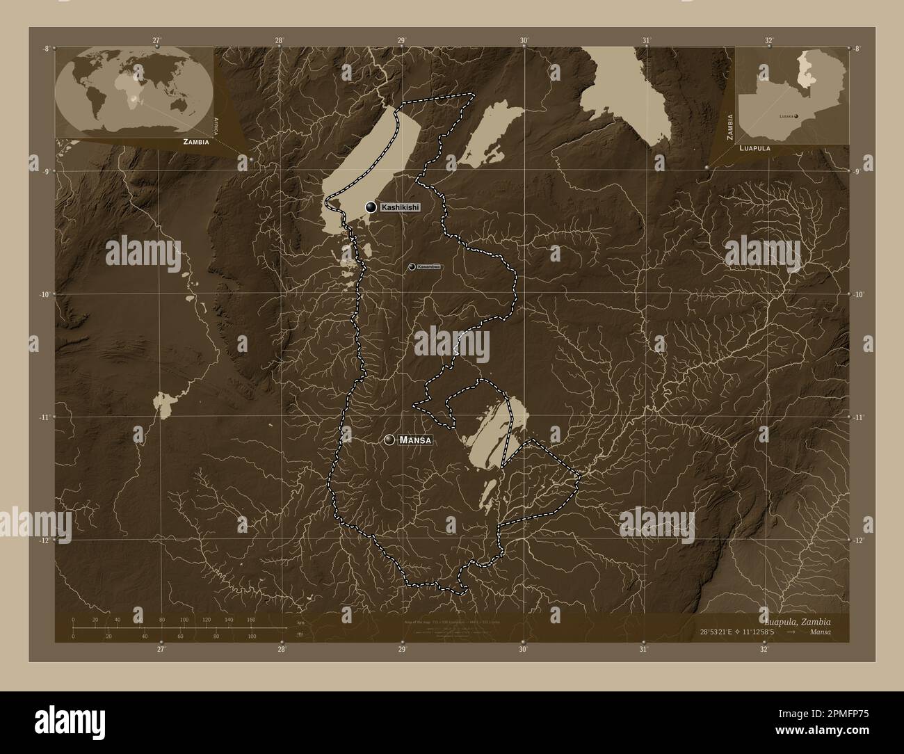 Luapula, province of Zambia. Elevation map colored in sepia tones with