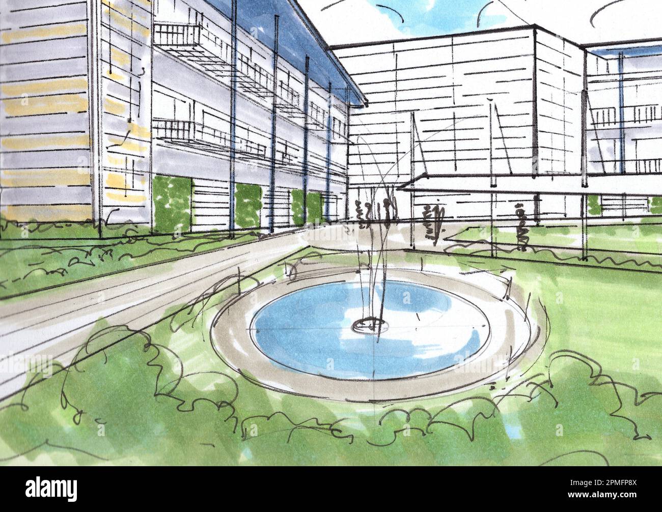 colour-sketch-of-a-landscaped-modern-office-complex-with-a-fountain-in