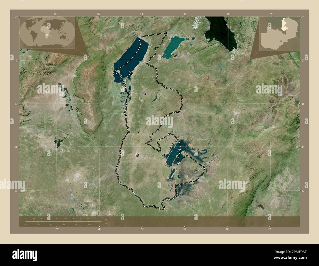 Luapula, province of Zambia. High resolution satellite map. Locations