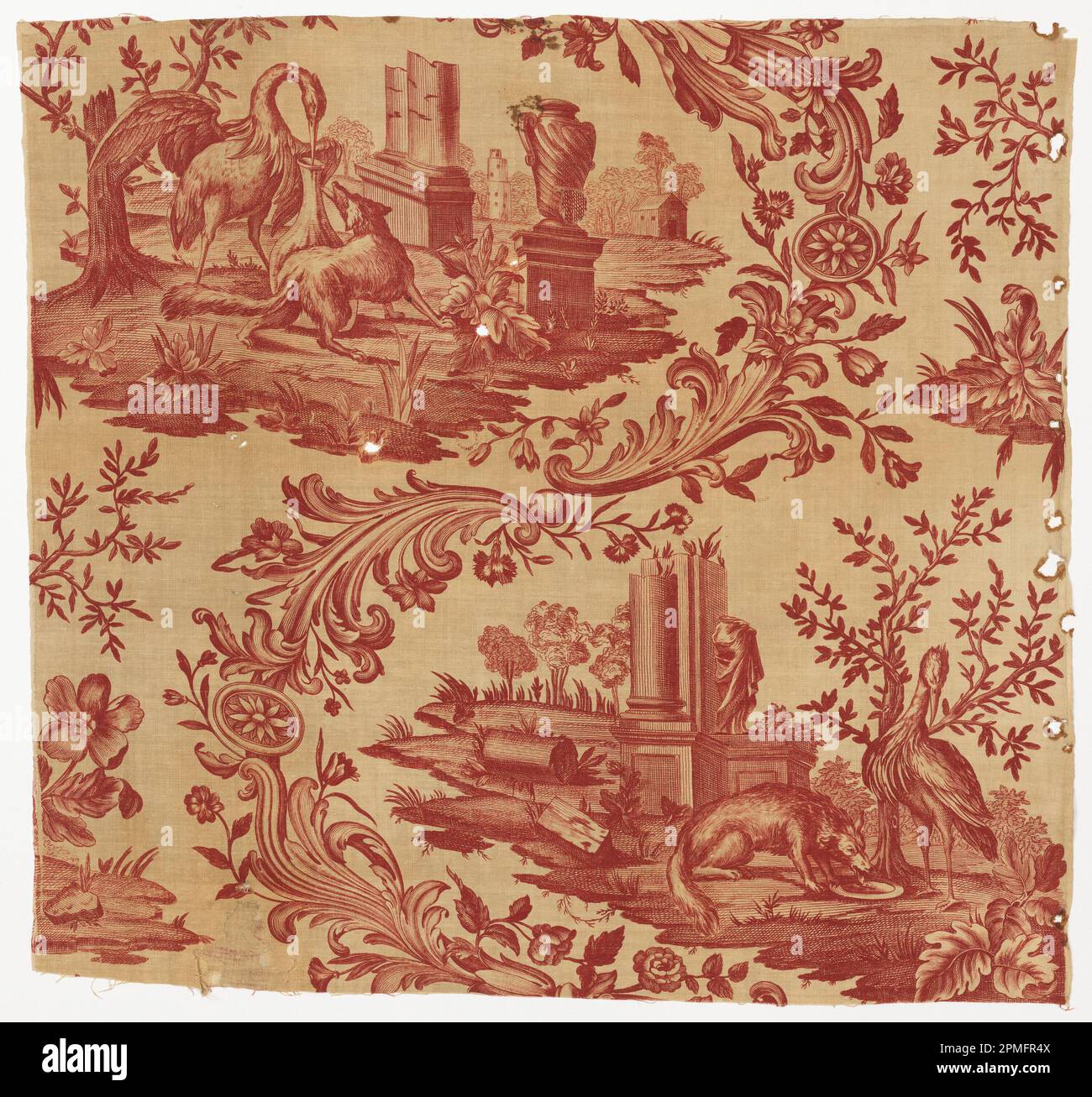 Textile, Fables of Fontaine; probably France; cotton; Warp x Weft (a): 86 × 92 cm (33 7/8 × 36 1/4 in.) Warp x Weft (b): 63 × 91.5 cm (24 13/16 in. × 36 in.); Bequest of Elinor Merrell; 1995-50-42-a,b Stock Photo