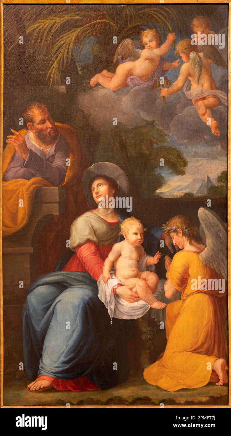 GENOVA, ITALY - MARCH 5, 2023: The painting of Holy Family in the church Basilica di Santa Maria delle Vigne by Felice Vinelli (1800). Stock Photo