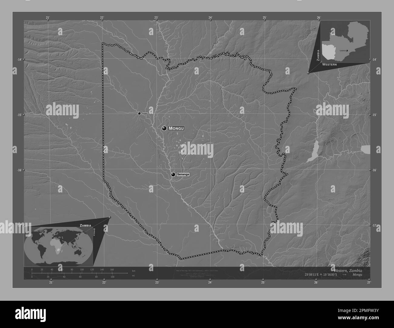 Western, region of Zambia. Bilevel elevation map with lakes and rivers