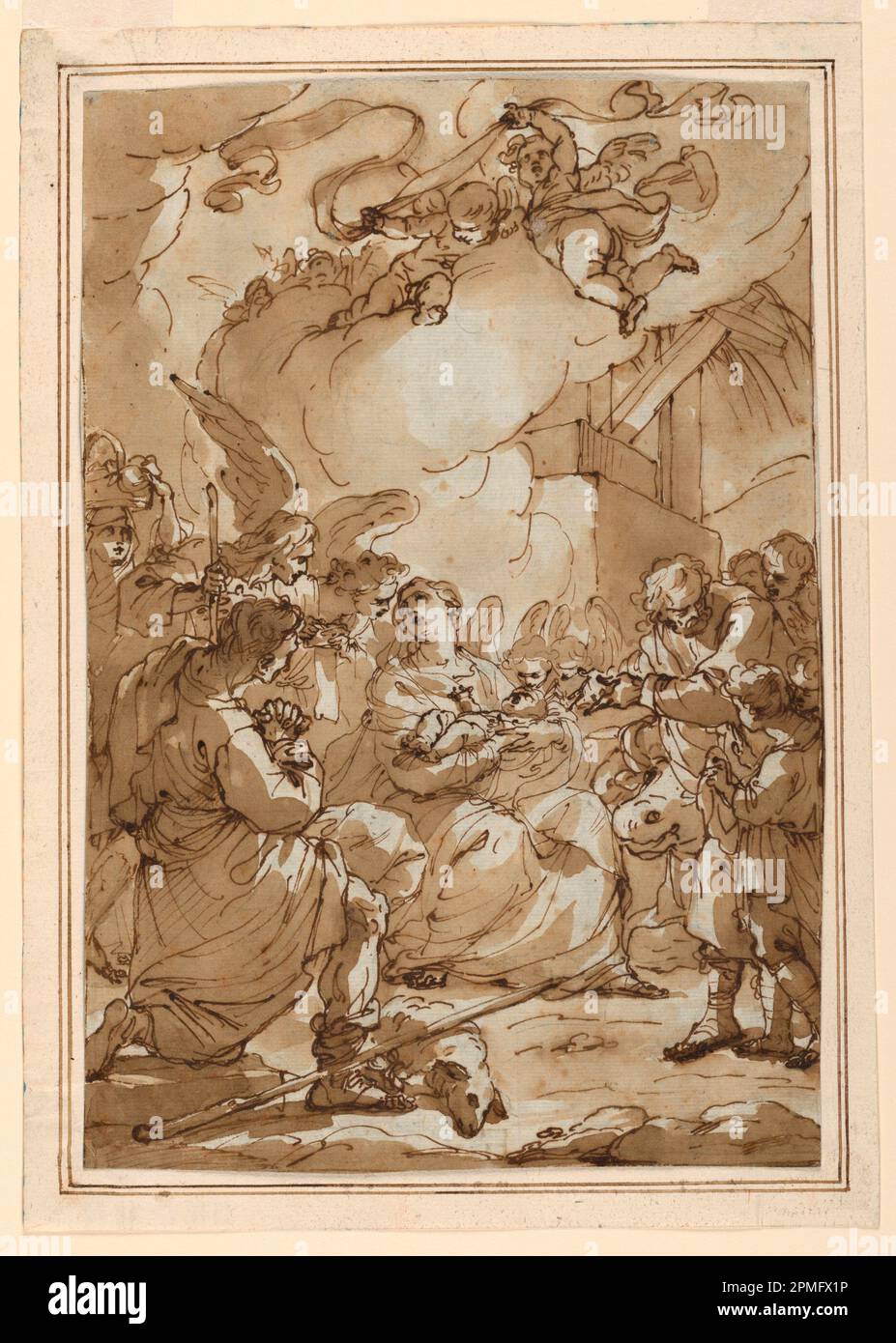 Drawing, Adoration of the Shepherds; Ubaldo Gandolfi (Italian, 1728 – 1781); Italy; pen and brown ink, brush and brown wash, black chalk on white laid paper, laid down on blue wove paper; 28.2 x 19.5 cm (11 1/8 x 7 11/16 in.) mount 31.2 x 22.2cm Mat: 45.7 x 35.6 cm (18 x 14 in.) Stock Photo