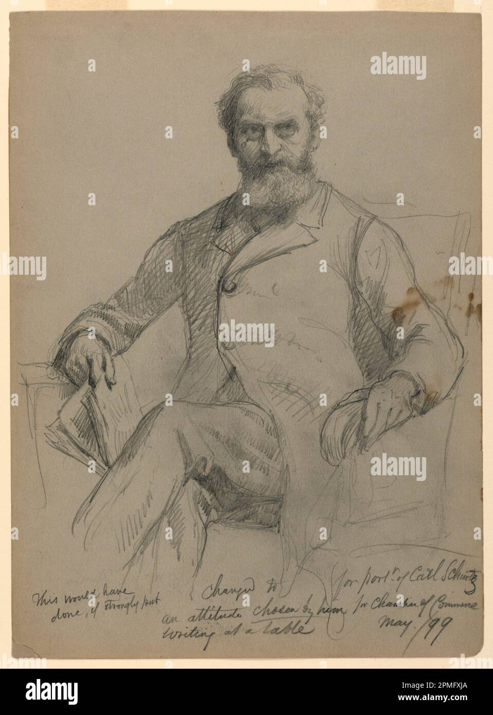 Drawing, Carl Schurz Seated; Daniel Huntington (American, 1816–1906); Sitter: Carl Schurz, Evan Thomas; USA; graphite on grey wove paper; 34.6 × 25.2 cm (13 5/8 × 9 15/16 in.); Bequest of Erskine Hewitt; 1938-57-1048 Stock Photo