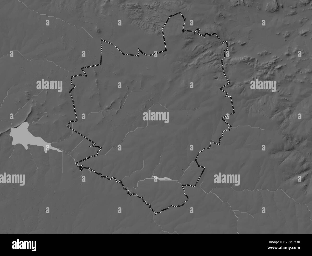 Harare, city of Zimbabwe. Grayscale elevation map with lakes and rivers Stock Photo