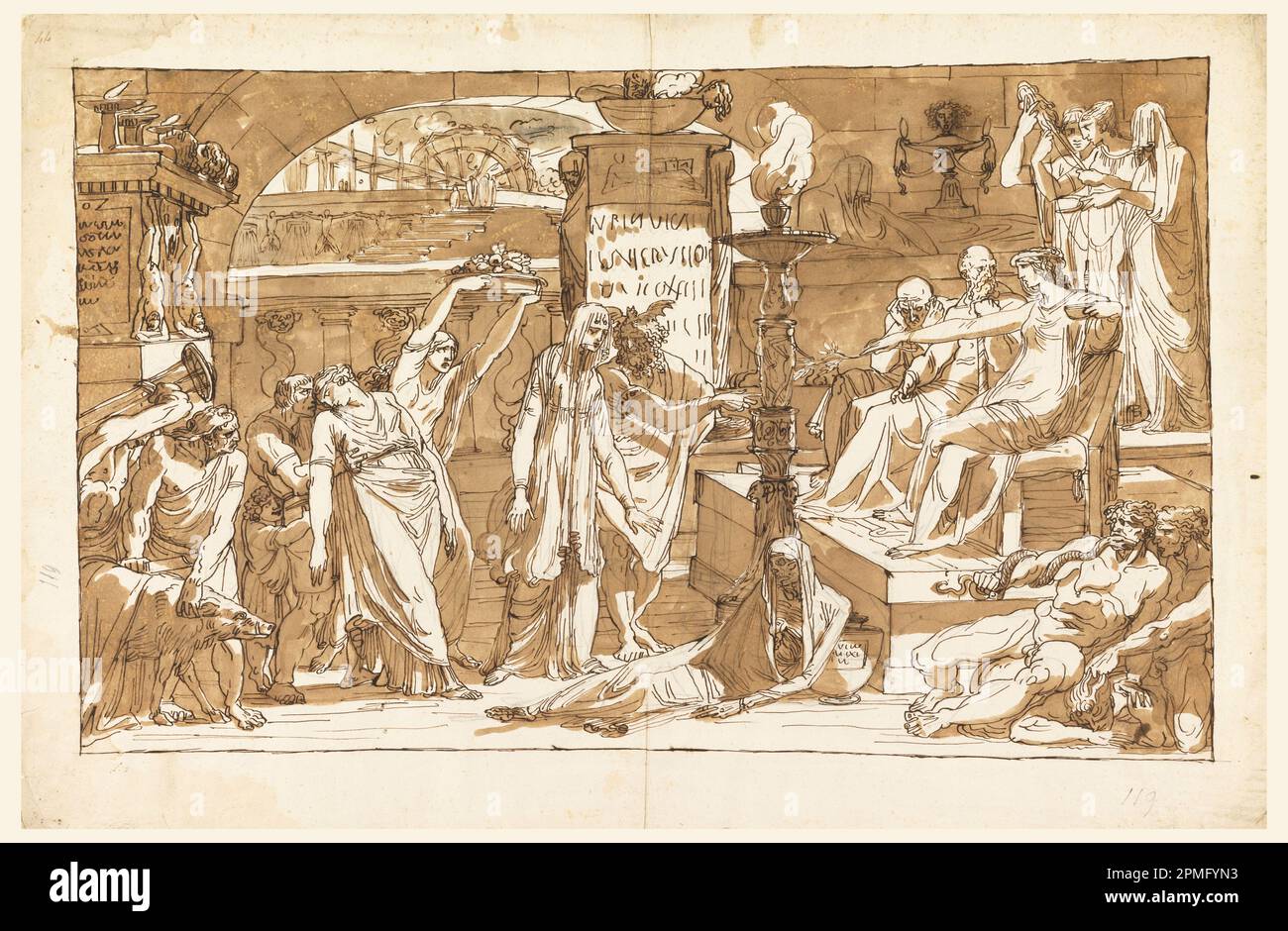 Drawing, Hades; Persephone in the Underworld (Offering to Proserpine); Felice Giani (Italian, 1758–1823); Italy; pen and black ink, brush and brown wash, graphite on paper; Mat: 71.2 x 91.6 cm (28 1/16 x 36 1/16 in.) 51 x 78 cm (20 1/16 x 30 11/16 in.) Stock Photo