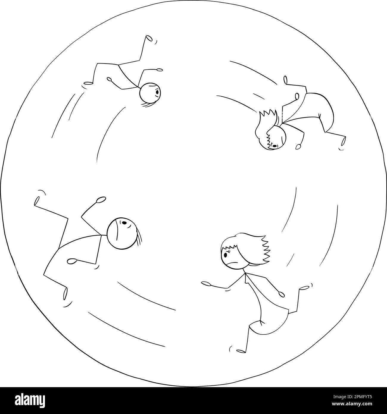 Troubled family with problem running forever in circle, vector cartoon stick figure or character illustration. Stock Vector