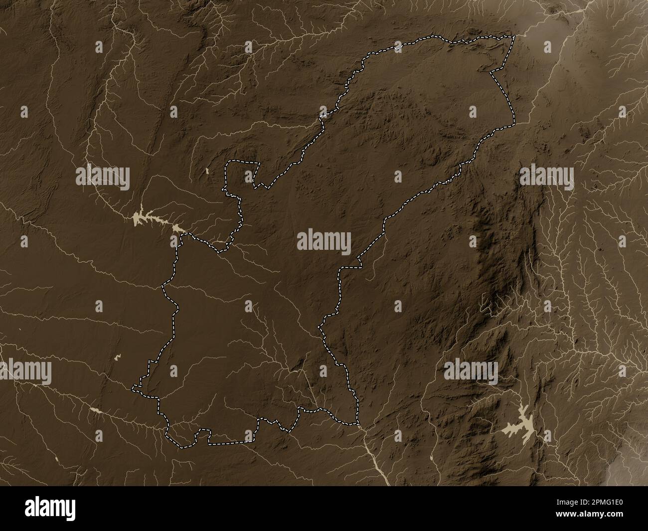 Mashonaland East, province of Zimbabwe. Elevation map colored in sepia tones with lakes and rivers Stock Photo