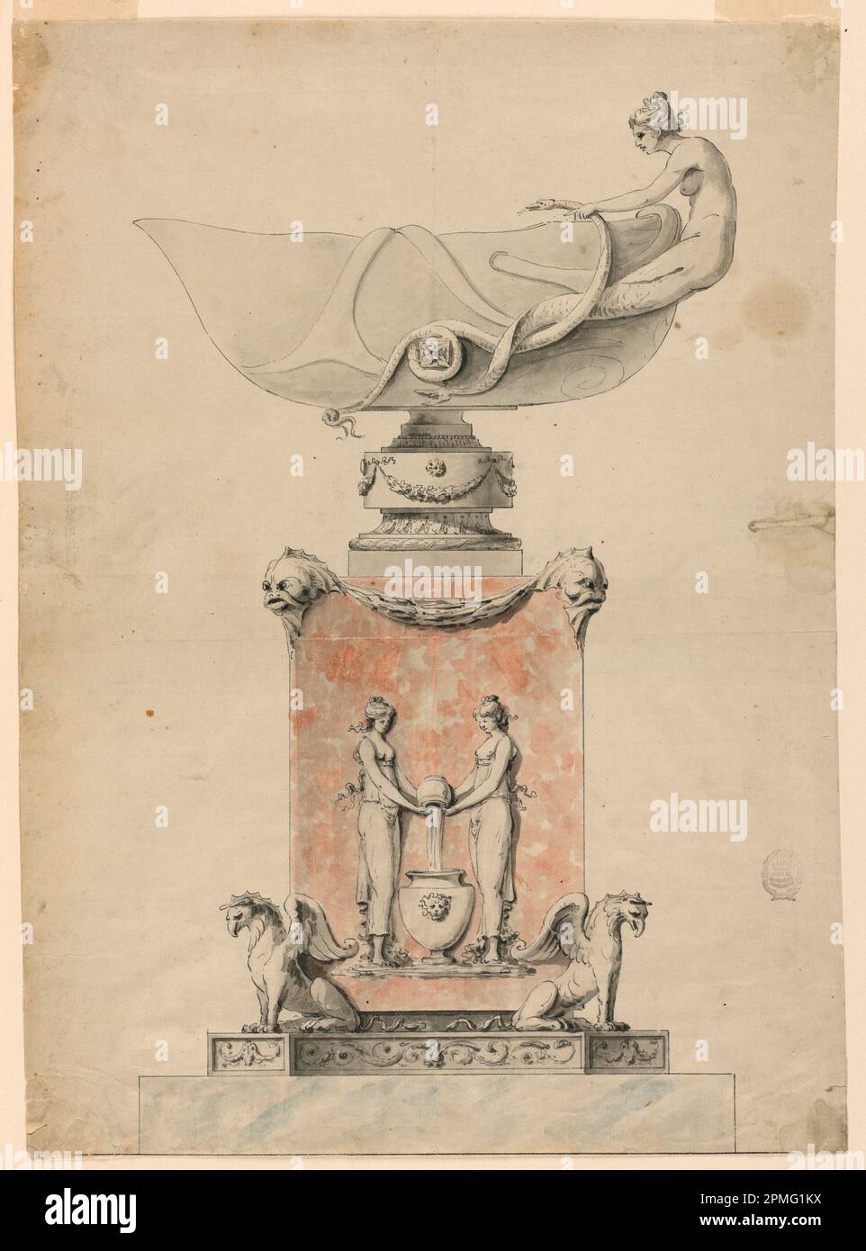 Drawing, Design for a Pedestal and a Bowl, Intended for Execution in White and Rose Marbles for Marie Antoinette at St. Cloud; Unknown; Client: Marie Antoinette, Queen of France (French, 1755 - 1793); France; pen and chinese ink, brush and grey and rose watercolor, black ink on paper; 41.1 × 29.8 cm (16 3/16 × 11 3/4 in.); 1896-14-1 Stock Photo