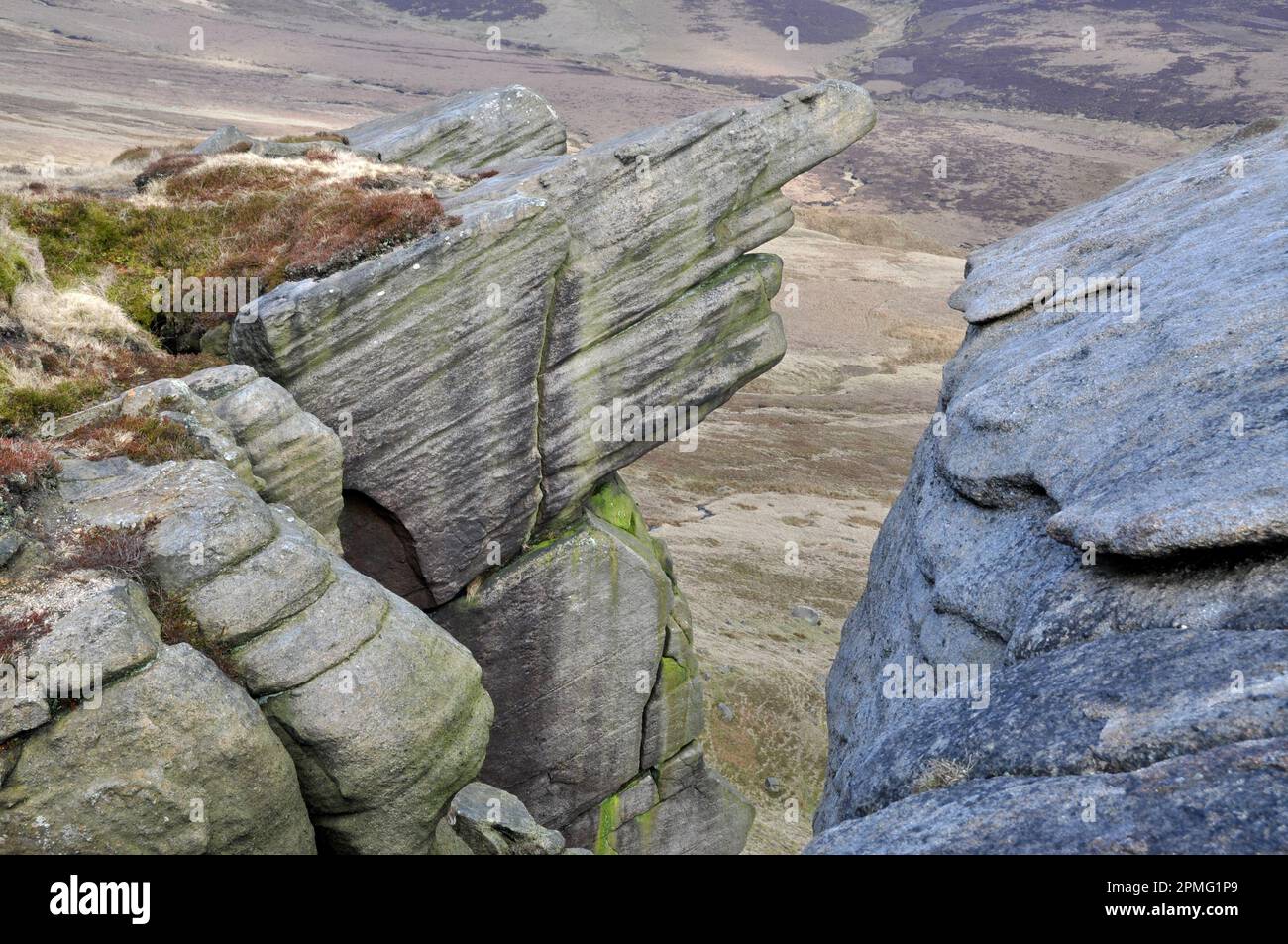 Rock formation looking like a signpost, on the North edge of Kinder Scout, Peak District, Derbyshire, England Stock Photo