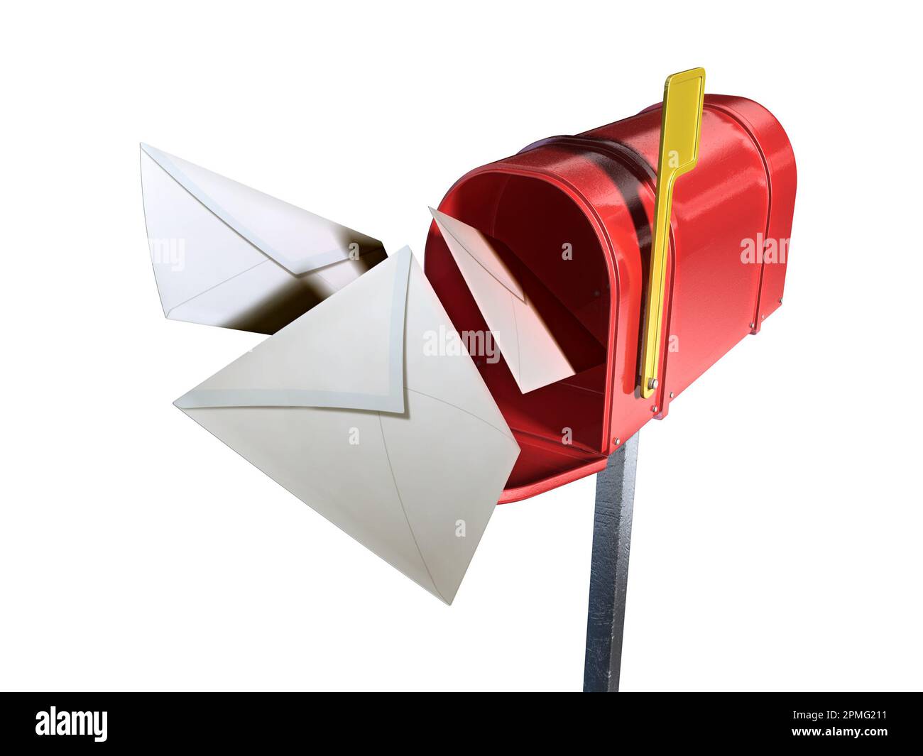 Some mail envelopes flying out from a red mailbox. Digital illustration