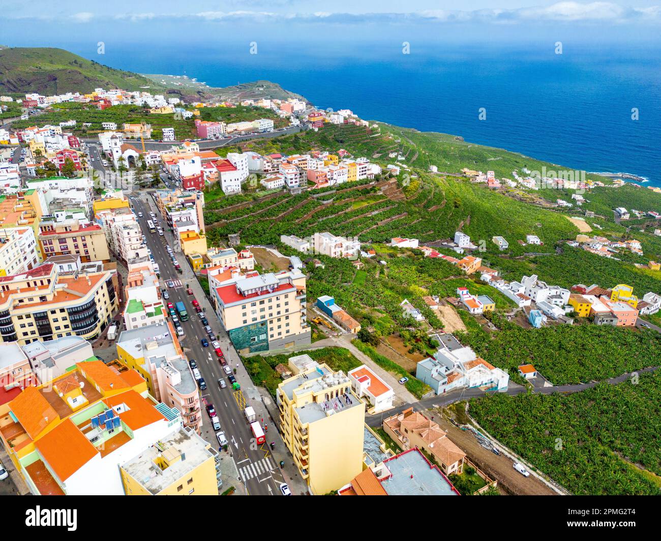 Aerial View at Green Volcanic Hills near Los Sauces at La Palma Island ...