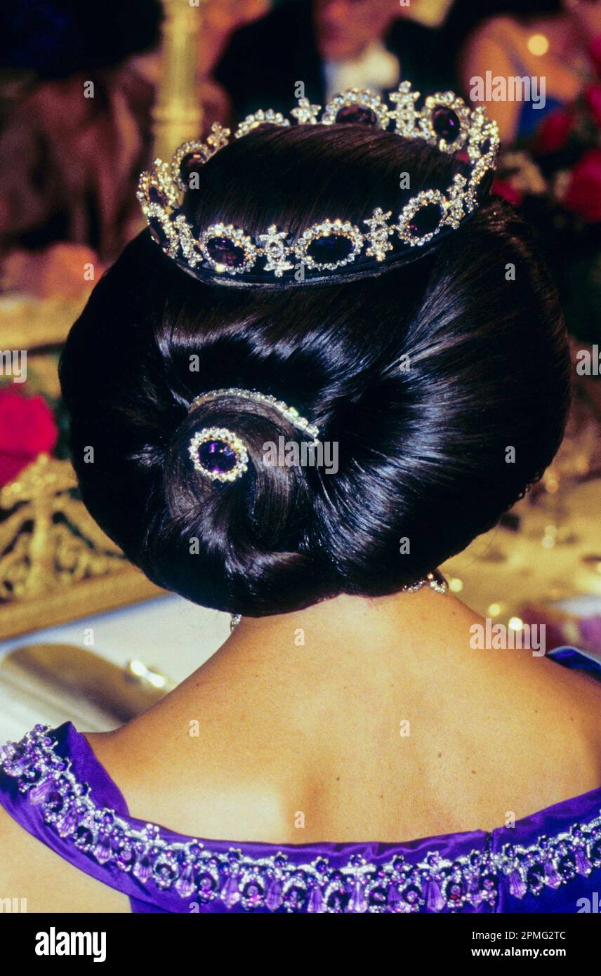 QUEEN SILVIA of Sweden and her hairstyle with tiara and jewels during the Nobel Banquet in Stockholm City Hall Stock Photo