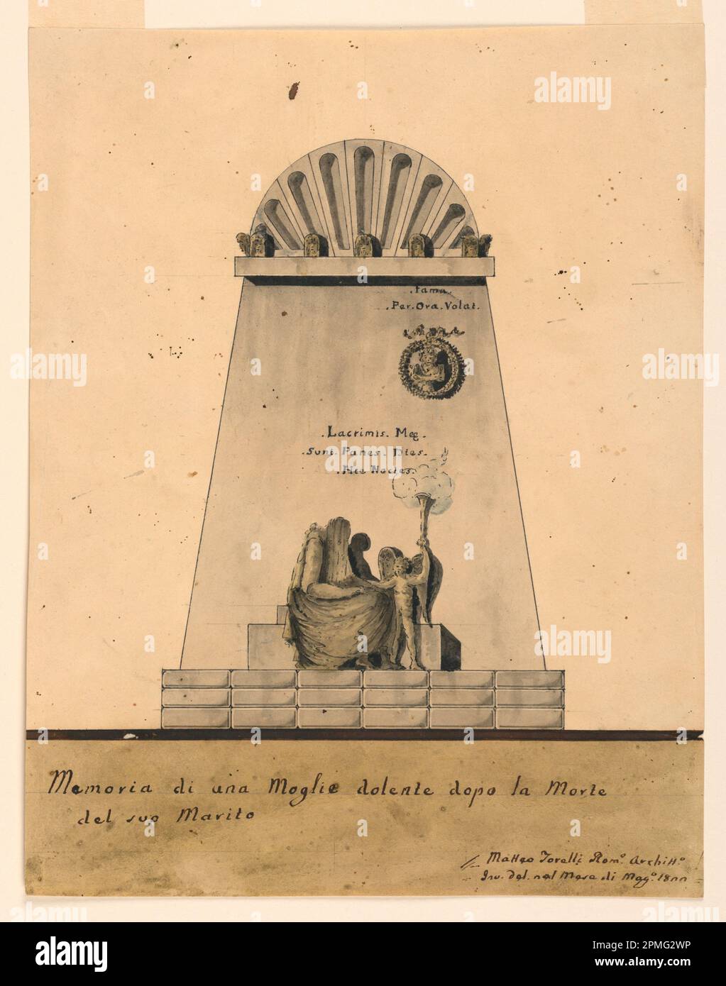 Drawing, Elevation of a Sepulcher Monument; Designed by Matteo Torelli (Italian); Italy; pen and black ink, brush and gray, brown and blue watercolor, graphite on off-white wove paper Stock Photo