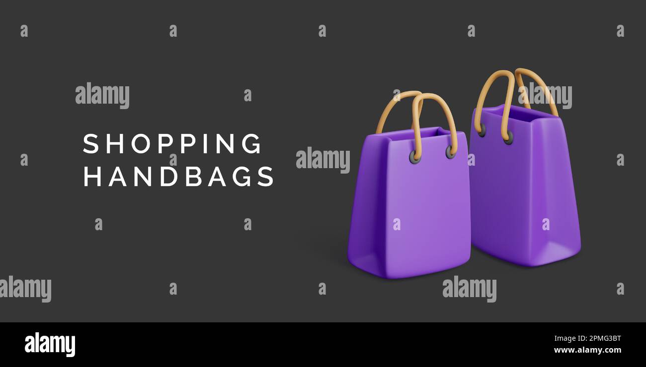 3d shopping bag. Purple paper shop bags commercial banner. Store fashion packages in realistic cartoon style. Vector illustration Stock Vector