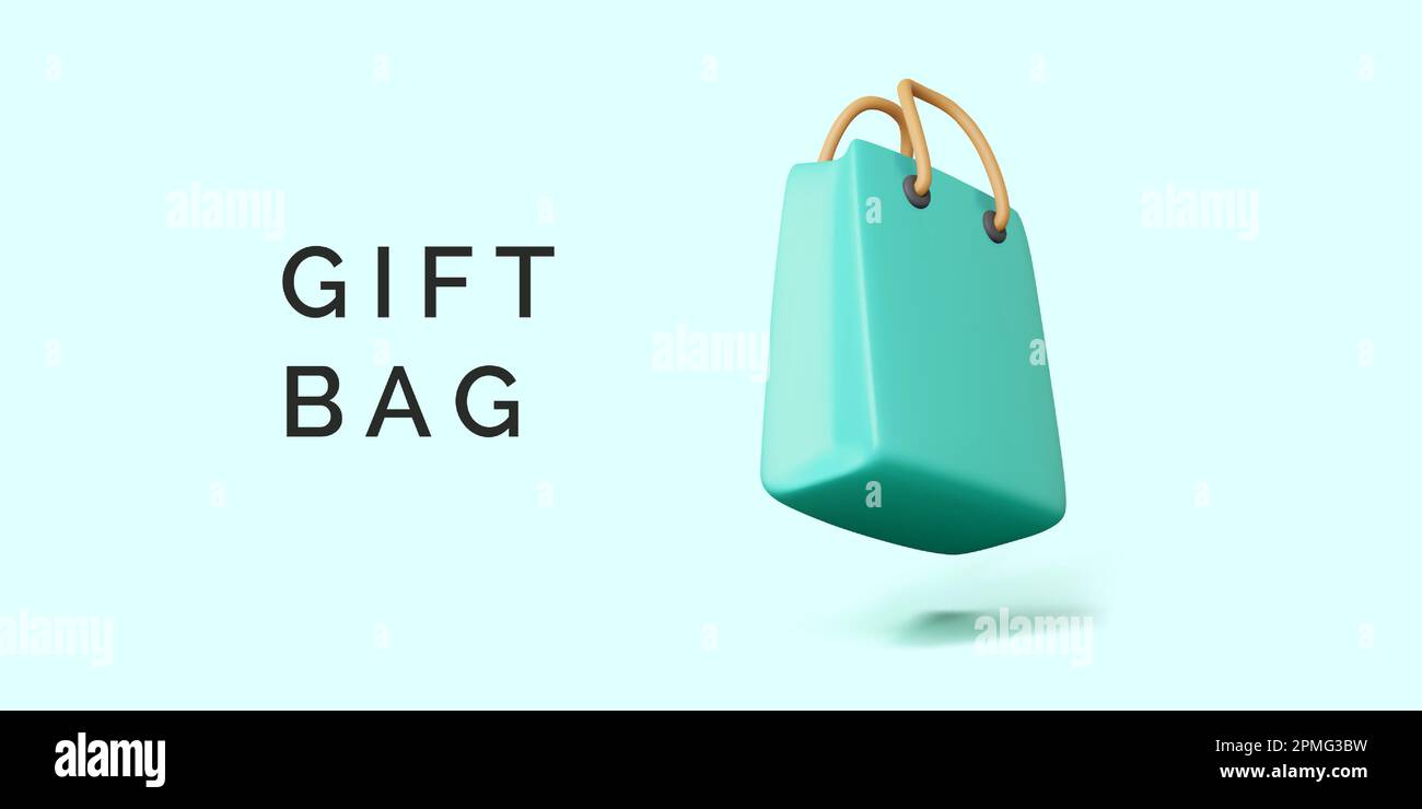 Paper gift bag in turquoise color. 3D realistic shopping bag for business banner. Vector illustration Stock Vector