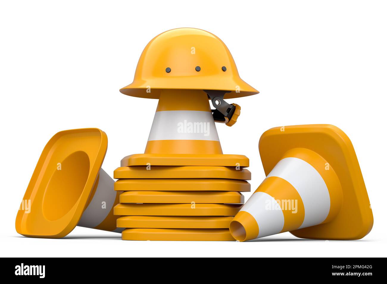 Stack of safety helmets or hard hats and traffic cones for under