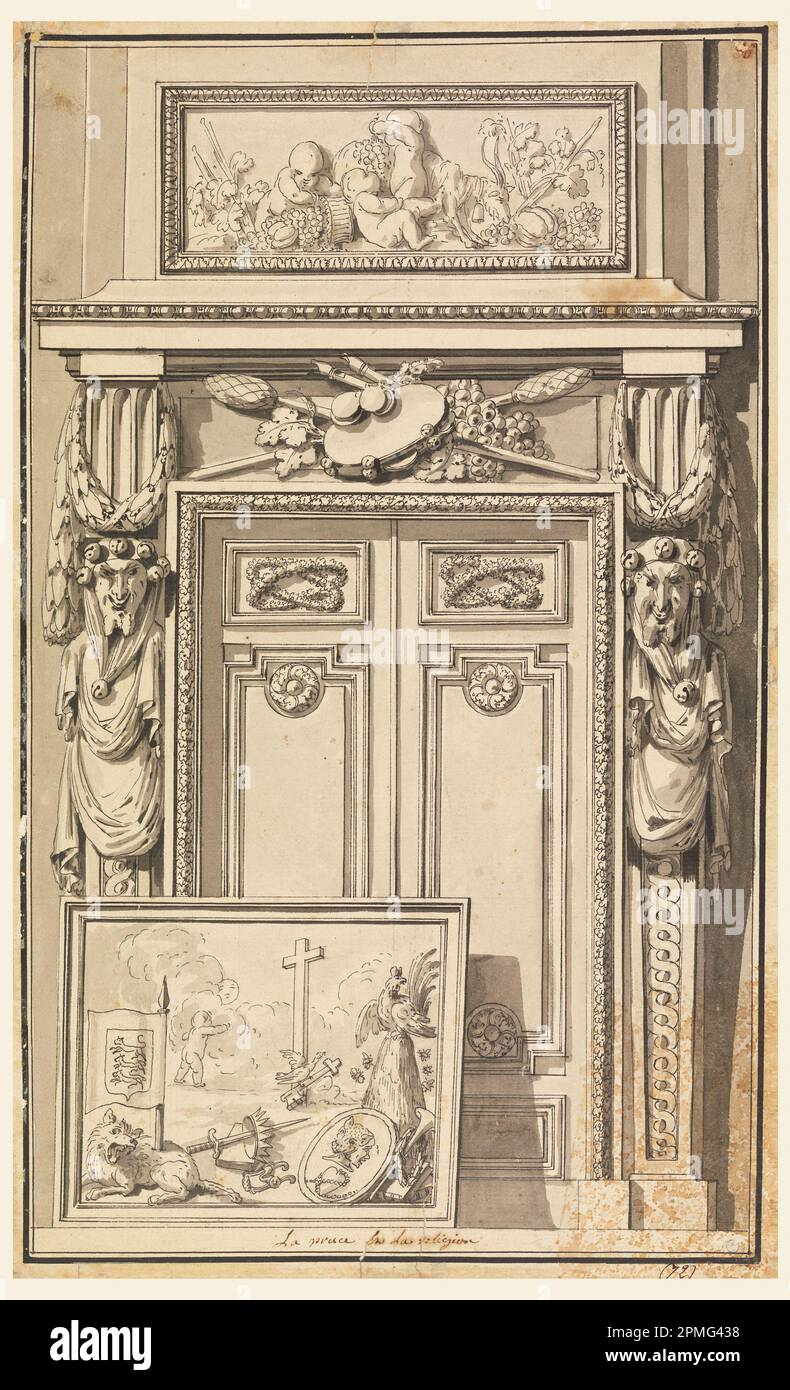 Drawing, Portal Design,'la Prusse et la Religion,' design for plate 40 in the 'Nouvelle iconologie historique...'; Jean-Charles Delafosse (French, 1734–1791); France; pen and ink, brush and watercolor, graphite on laid paper; Mat: 45.9 x 35.7 cm (18 1/16 x 14 1/16 in.) (irregular): 37.1 x 22.6 cm (14 5/8 x 8 7/8 in.) Stock Photo