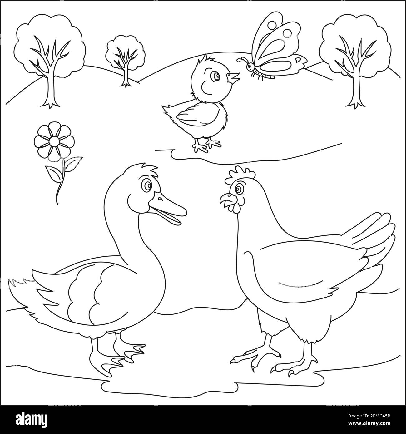 Hen, swan and baby chicken cartoon character coloring page. Coloring book for kids Stock Vector