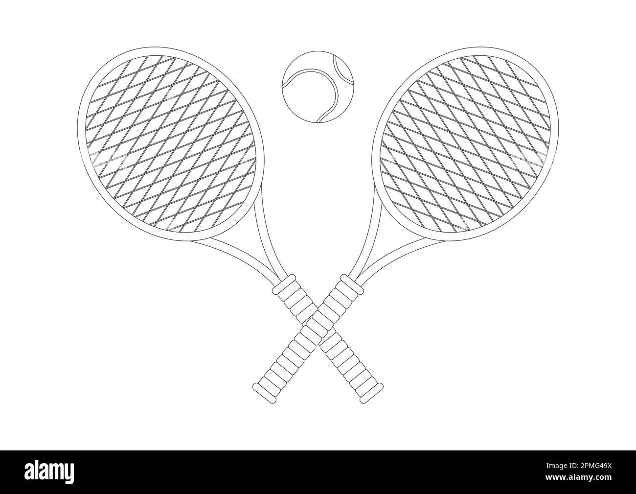 Black and white tennis rackets with tennis ball. Coloring page of tennis rackets Stock Vector