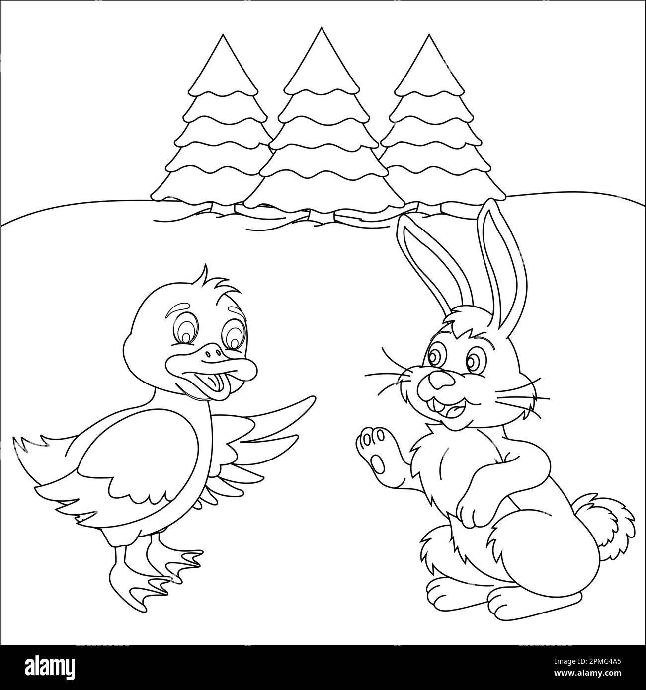 Duck and rabbit are talking coloring page. Coloring book for kids Stock Vector