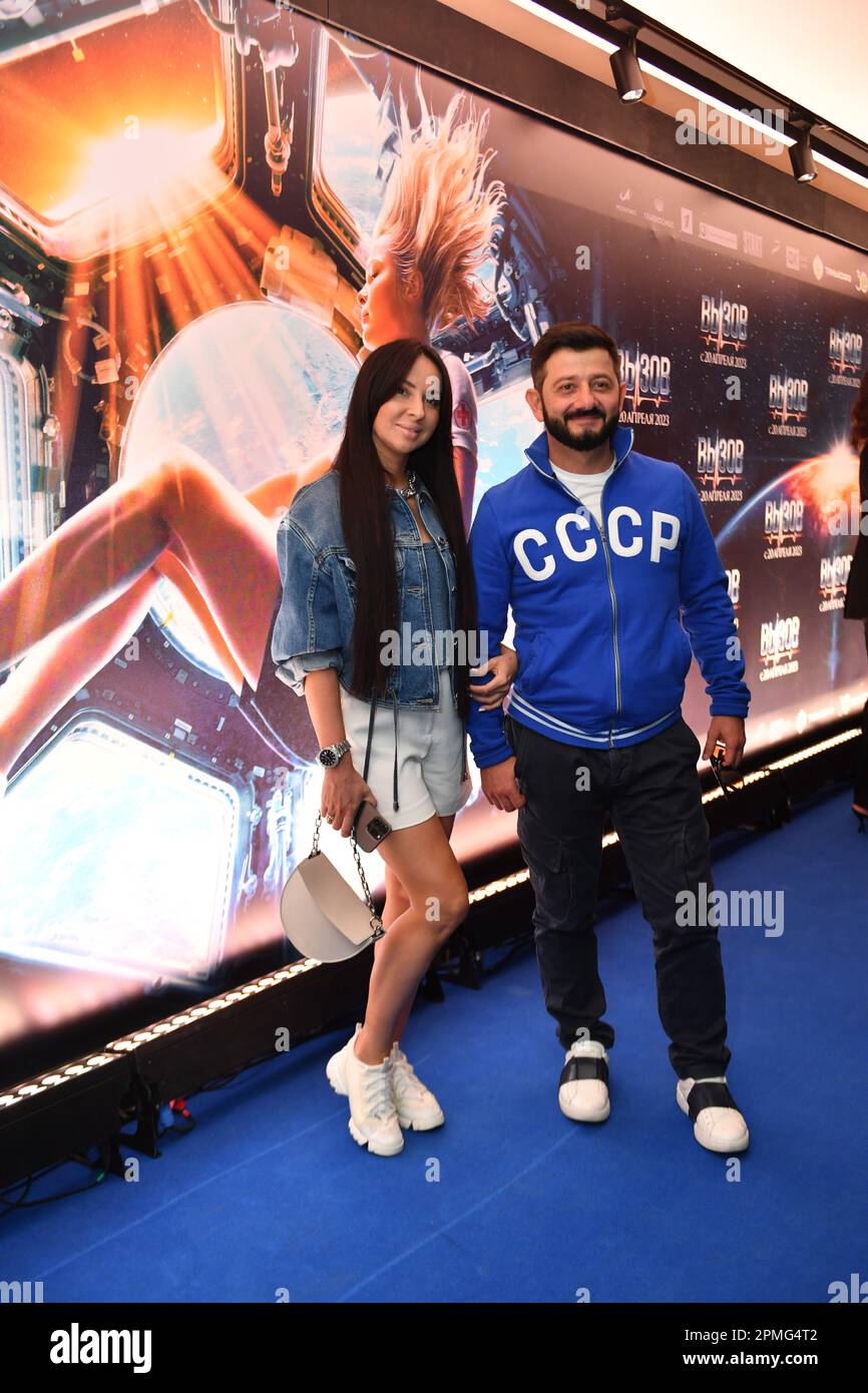 Moscow. Actor Mikhail Galustyan with his wife Victoria at the premiere ...