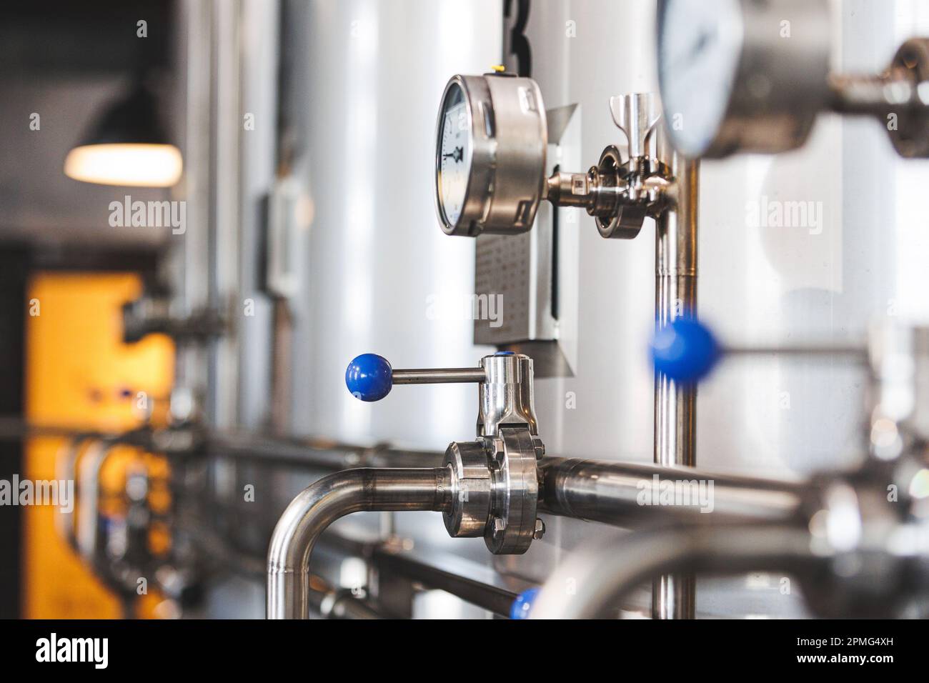 Beer brewing . Commercial brewing equipment close up shot. Industrial