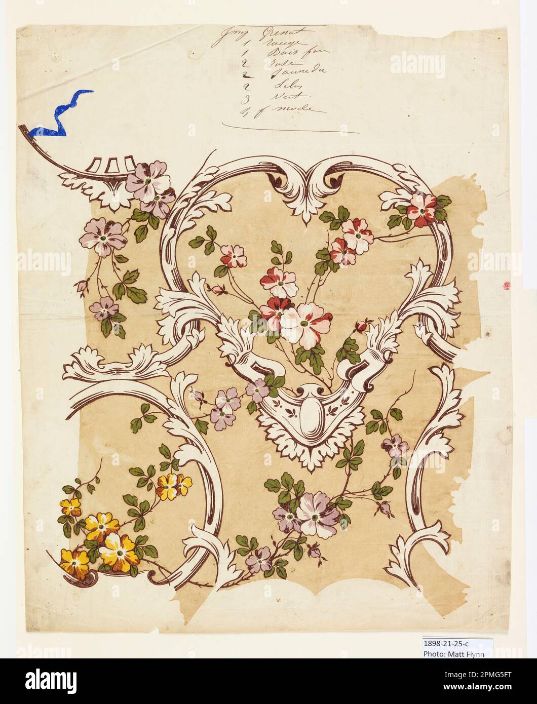 Print, Trial Proof for a Flowered Chintz; France; woodcut in multicolored ink on tan ground on white paper; 46 x 37.4 cm (18 1/8 x 14 3/4 in.) Stock Photo