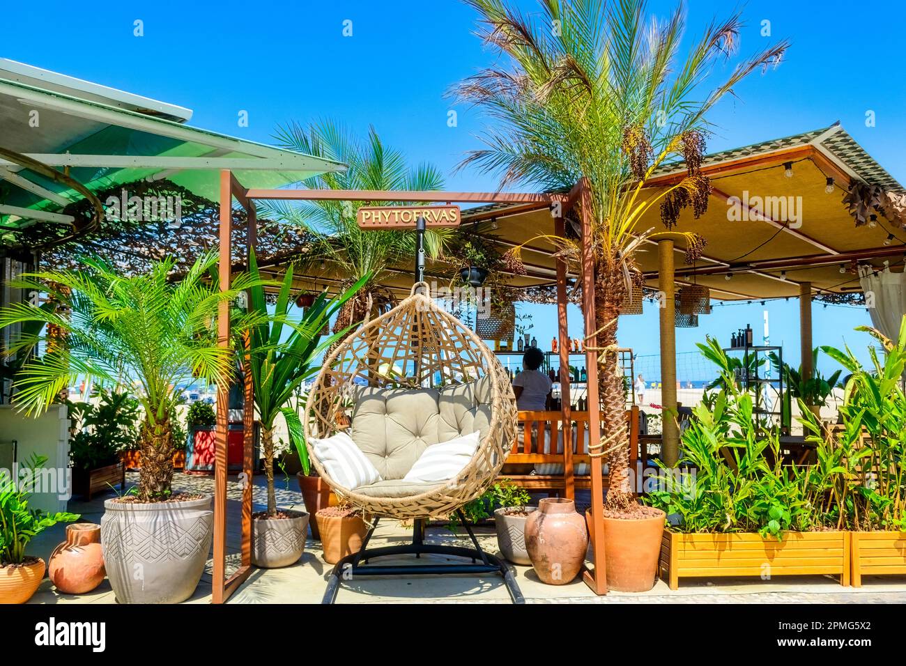 Rio de Janeiro, Brazil - April 4, 2023:  Exterior architecture of the Phytoerves Spa in Copacabana Beach. The business is located in the beach's prome Stock Photo