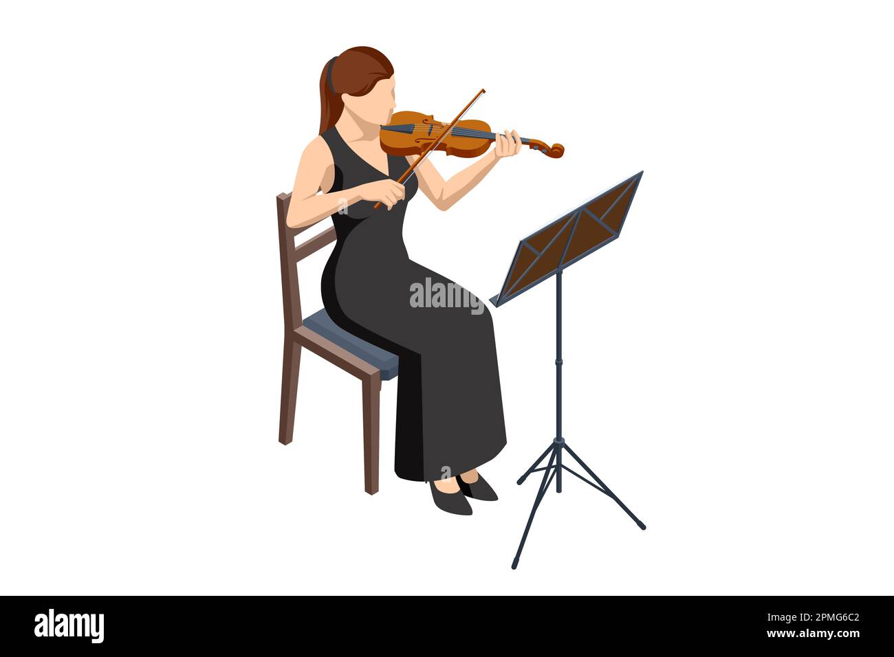 Isometric violinist. Woman playing the violin. Classical stringed musical instrument. Brown violin and bow. Music stand with notes. Stock Vector