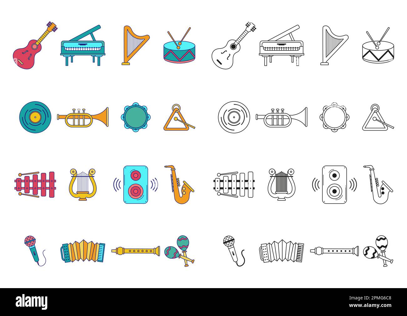 Color And Black And White Musical Instruments Vector Icons Collection ...